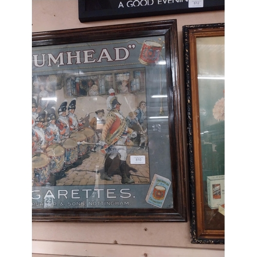 810 - Drumhead Cigarettes pictorial advertising showcard mounted in oak frame {50 cm H x 60 cm W}.