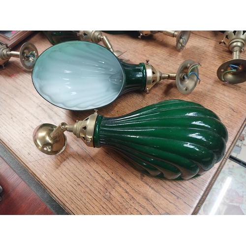 1136 - Pair of 1930's brass stage lights with green glass shades originally from The Savoy Cinema Limerick.... 