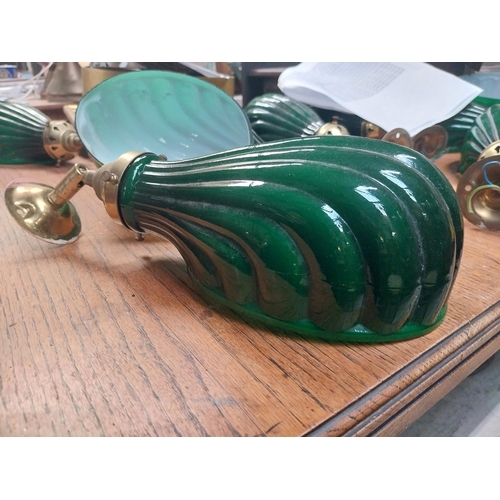 1136 - Pair of 1930's brass stage lights with green glass shades originally from The Savoy Cinema Limerick.... 