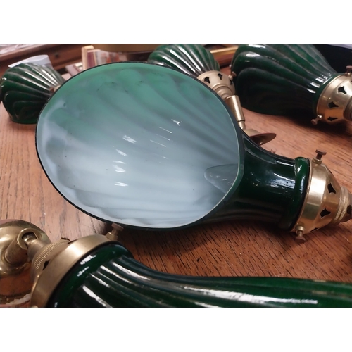 1136 - Pair of 1930's brass stage lights with green glass shades originally from The Savoy Cinema Limerick.... 