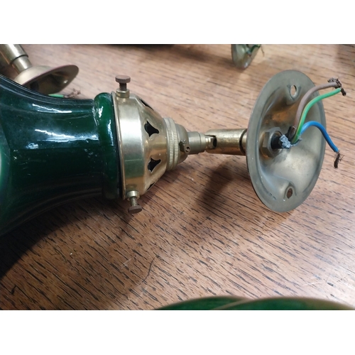 1136 - Pair of 1930's brass stage lights with green glass shades originally from The Savoy Cinema Limerick.... 