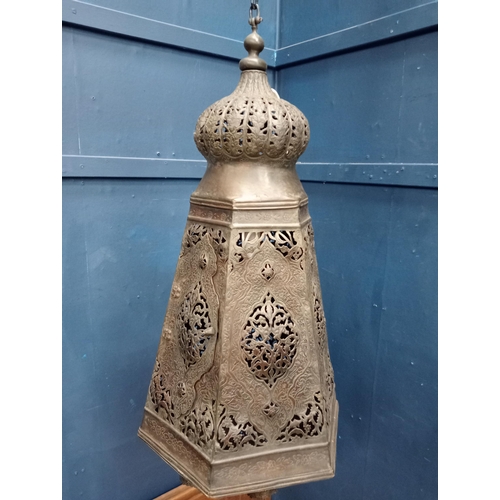 136B - Copper Moroccan openwork hanging lantern. {H 78cm x Dia 40cm}.