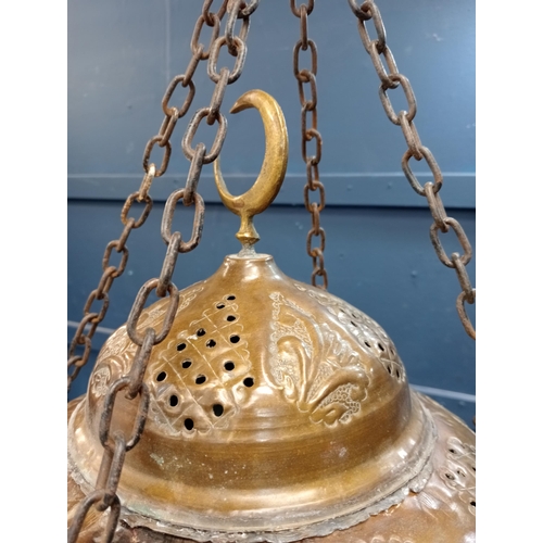 136C - Copper Moroccan openwork hanging lantern. {H 78cm x Dia 40cm}.