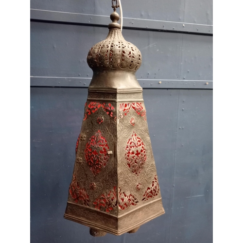 136A - Copper Moroccan openwork hanging lantern. {H 78cm x Dia 40cm}.