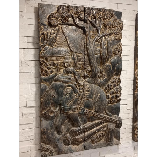 156 - 19th C . Carved oak wall panels depicting elephants. {H 100cm x W 122cm x d 6cm }.