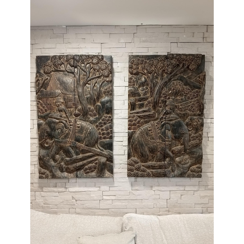 156 - 19th C . Carved oak wall panels depicting elephants. {H 100cm x W 122cm x d 6cm }.