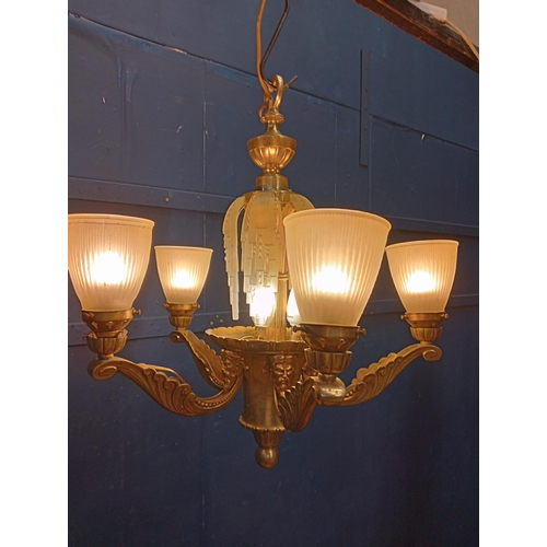 158 - Five branch brass chandelier in the Empire style with original shades. {H 60cm x Dia 60cm }.