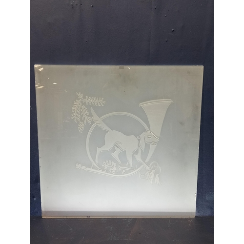 191 - Victorian etched glass panel with Hunting hound. {H 60cm x W 62cm }.