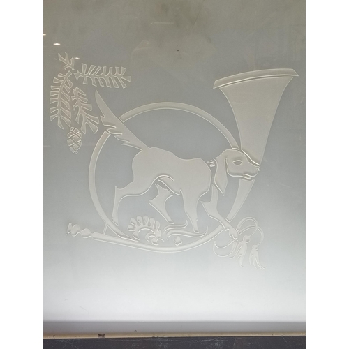 191 - Victorian etched glass panel with Hunting hound. {H 60cm x W 62cm }.