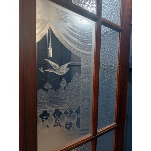 193 - Wooden panel with etched glass Duck decoration. {H 227cm x W 83cm}.