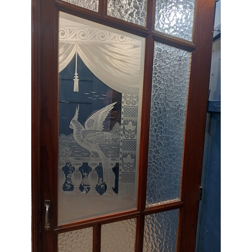 194 - Wooden panel with etched glass Peacock decoration. {H 227cm x W 83cm}.