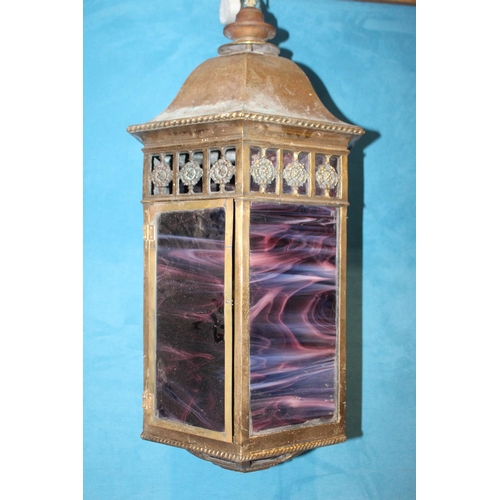 199 - Square brass hanging lantern in the Gothic style. {H  20cm x Dia 90cm}.