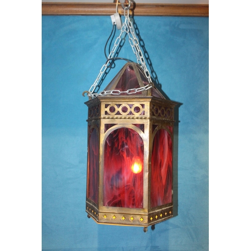 199 - Square brass hanging lantern in the Gothic style. {H  20cm x Dia 90cm}.