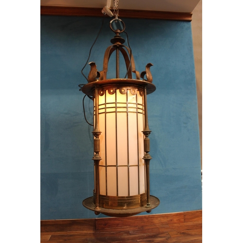 2 - Good quality bronze hanging lantern decorated with acanthus leaves and opaque glass panels. {H 140cm... 