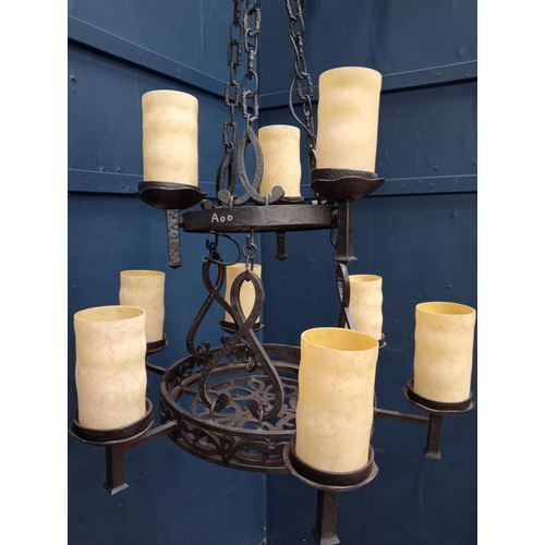 201 - Wrought iron nine branch chandelier with opaque glass shades in the Gothic style. {H 100cm x Dia 80c... 