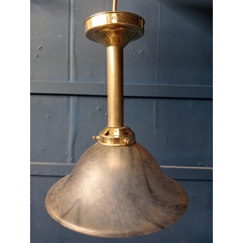 214 - Mid Century hanging light with marble effect glass shade with brass stem.  {H 27cm x Dia 22cm }.