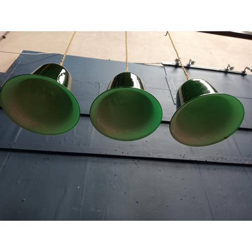 275 - Three glass industrial bell style lights with brass galleries. {H 30cm x Dia 25cm}.