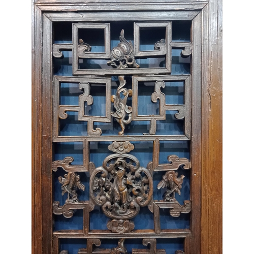 294 - Three oriental lattice and carved wood dividers. {Each panel H 145cm x W 60cm x D 4cm }.