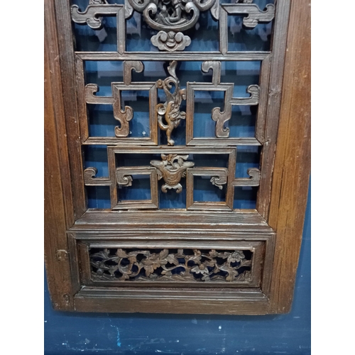 294 - Three oriental lattice and carved wood dividers. {Each panel H 145cm x W 60cm x D 4cm }.