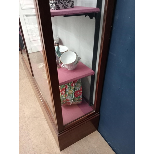 302 - Mahogany glazed shop cabinet with three graduated shelves. {H 183cm x W 154cm x D 40cm }.