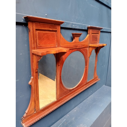 306 - Edwardian Mahogany inlaid overmantle with three mirrors. {H 78cm x W 127cm }.