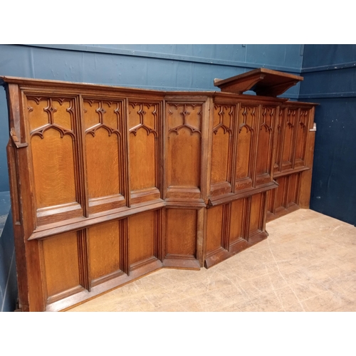 355 - Victorian oak carved pulpit front in the Gothic style. {H 164cm x W 370cm x D 60cm }.