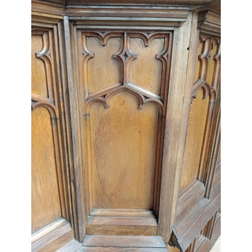 355 - Victorian oak carved pulpit front in the Gothic style. {H 164cm x W 370cm x D 60cm }.