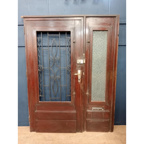 362 - Victorian Oak double door with wrought iron scrolled insert and frame {H 202cm x W 150cm x D 6cm}.