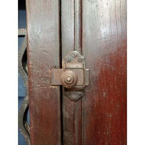 362 - Victorian Oak double door with wrought iron scrolled insert and frame {H 202cm x W 150cm x D 6cm}.