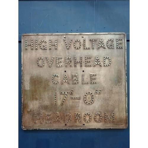37 - 1930's Alloy Railway High Voltage Overhead sign with cats eyes. {H 77cm x W 84cm x D 2cm }.