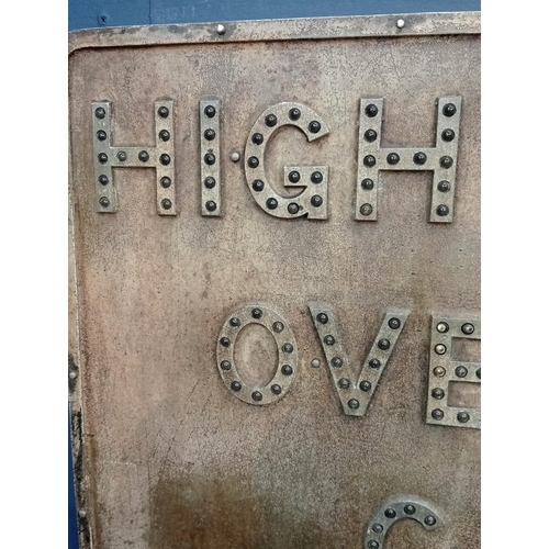 37 - 1930's Alloy Railway High Voltage Overhead sign with cats eyes. {H 77cm x W 84cm x D 2cm }.