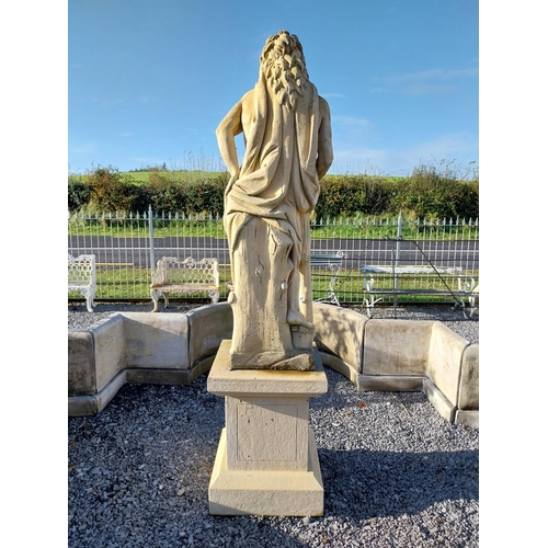 380 - Moulded stone statue of Hercules on square pedestal. {252 cm H x  60 cm W x  60 cm D}.