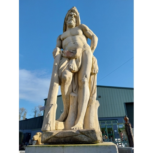 380 - Moulded stone statue of Hercules on square pedestal. {252 cm H x  60 cm W x  60 cm D}.