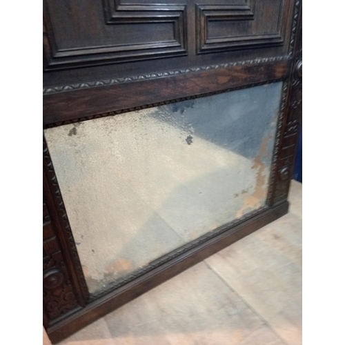 381 - Victorian Oak overmantle with distressed mirrored glass {H 185cm x W 153cm x D 38cm }.