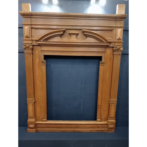 382 - 19th C. Oak overmantle with carved Corinthian corbels {H 175cm x W 140cm x D 20cm}.