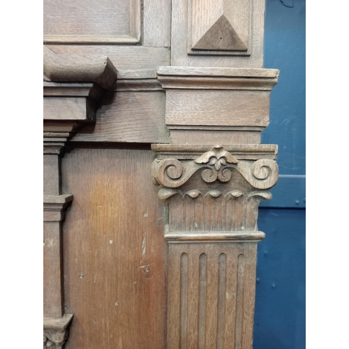 382 - 19th C. Oak overmantle with carved Corinthian corbels {H 175cm x W 140cm x D 20cm}.