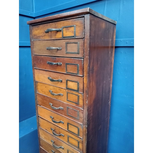 386 - Late 19th C.  Oak tall bank of fifteen drawers with black metal handles and label holders