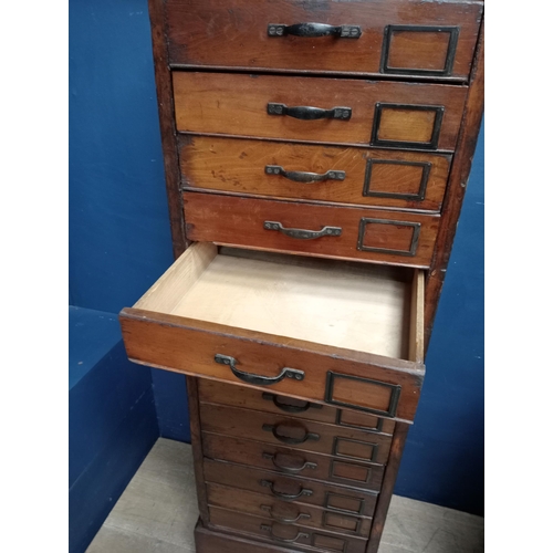 386 - Late 19th C.  Oak tall bank of fifteen drawers with black metal handles and label holders