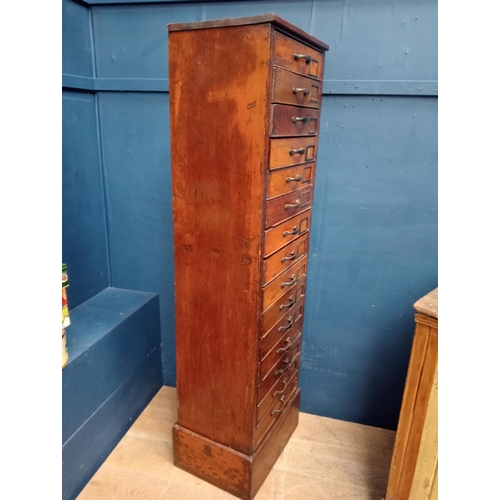 386 - Late 19th C.  Oak tall bank of fifteen drawers with black metal handles and label holders