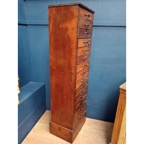 386 - Late 19th C.  Oak tall bank of fifteen drawers with black metal handles and label holders