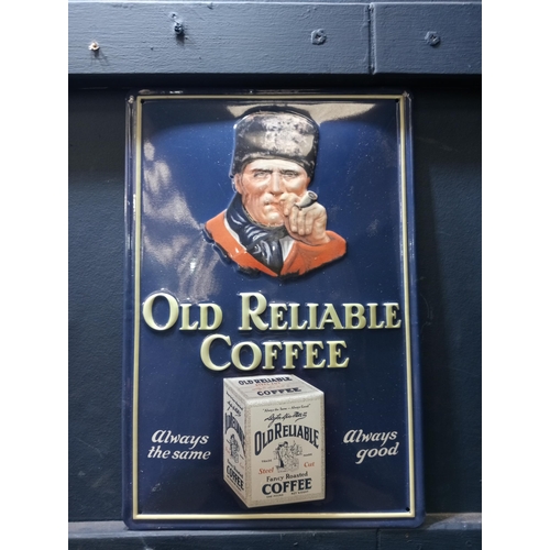 392 - Old Reliable Coffee tin advertising sign. {H 30cm x W 20cm}.