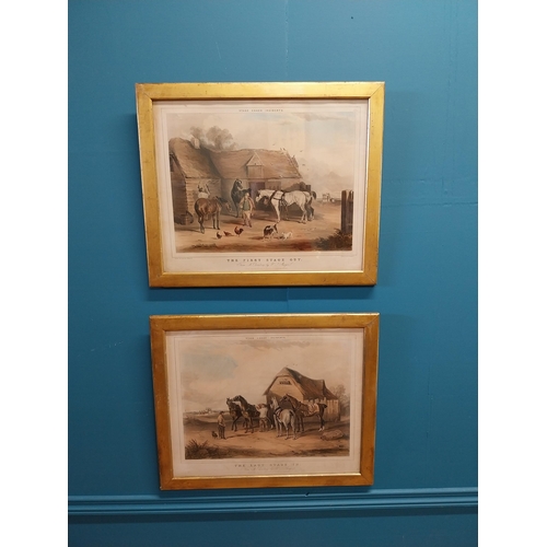 397 - Pair of 19th C. coloured prints THE FIRST STAGE OUT and THE LAST STAGE IN mounted in gilt frames {44... 