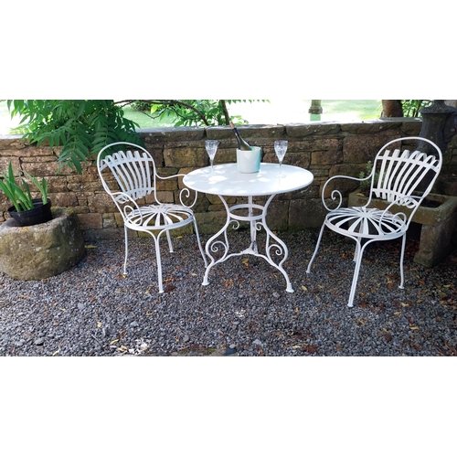 400 - Exceptional quality hand forged wrought iron Arras style circular garden table and two matching chai... 