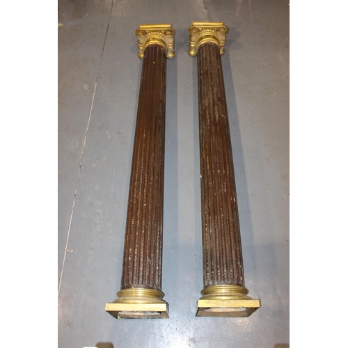 404 - Pair of 19th C. Reeded oak pillars with brass Corinthian head and brass floor base {H 308cm x W 45cm... 