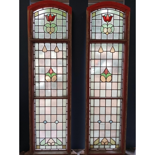 408 - Pair of arched 19th C stain glass and leaded windows with three panels in the Art Nouveau style. {Ea... 