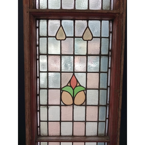 408 - Pair of arched 19th C stain glass and leaded windows with three panels in the Art Nouveau style. {Ea... 