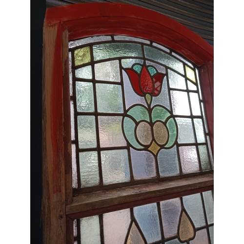 408 - Pair of arched 19th C stain glass and leaded windows with three panels in the Art Nouveau style. {Ea... 