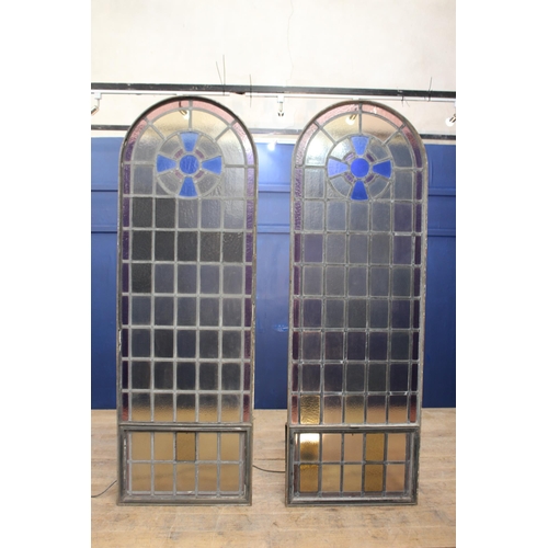 409 - Pair of Victorian arched wrought iron leaded glass windows with opening to bottom. {each H 228cm x W... 