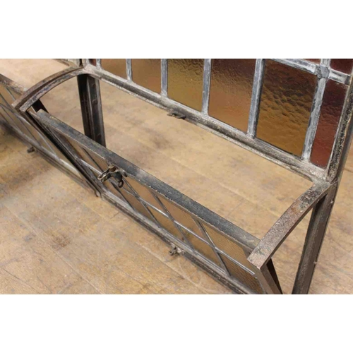 409 - Pair of Victorian arched wrought iron leaded glass windows with opening to bottom. {each H 228cm x W... 