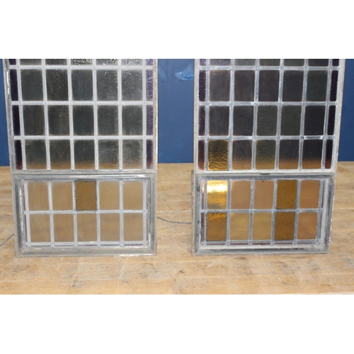 409 - Pair of Victorian arched wrought iron leaded glass windows with opening to bottom. {each H 228cm x W... 